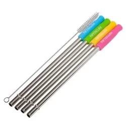 Stainless Steel Straws With Silicone Tip - 4 Pieces In Assorted Colors With Cleaning Brush
